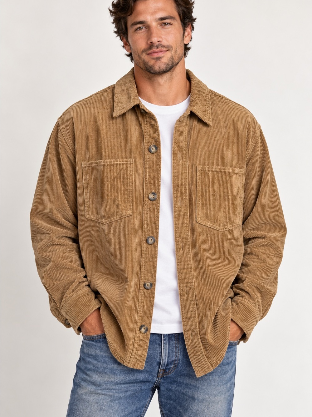 Matty M Men's Corduroy Button-Up Jacket Overshirt Tan Camel Brown Shacket Large